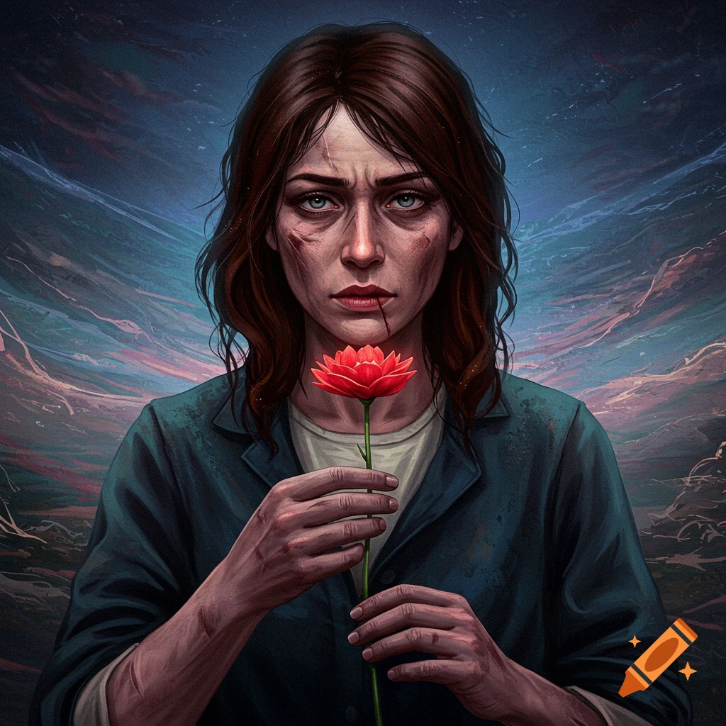 A portrait of a woman with scars holding a red flower.