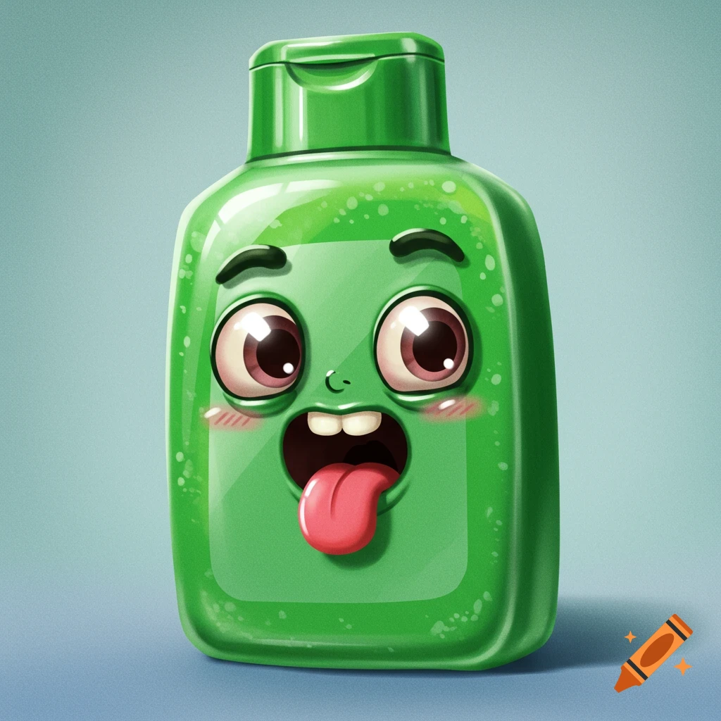 A green cartoon bottle with eyes and tongue sticking out