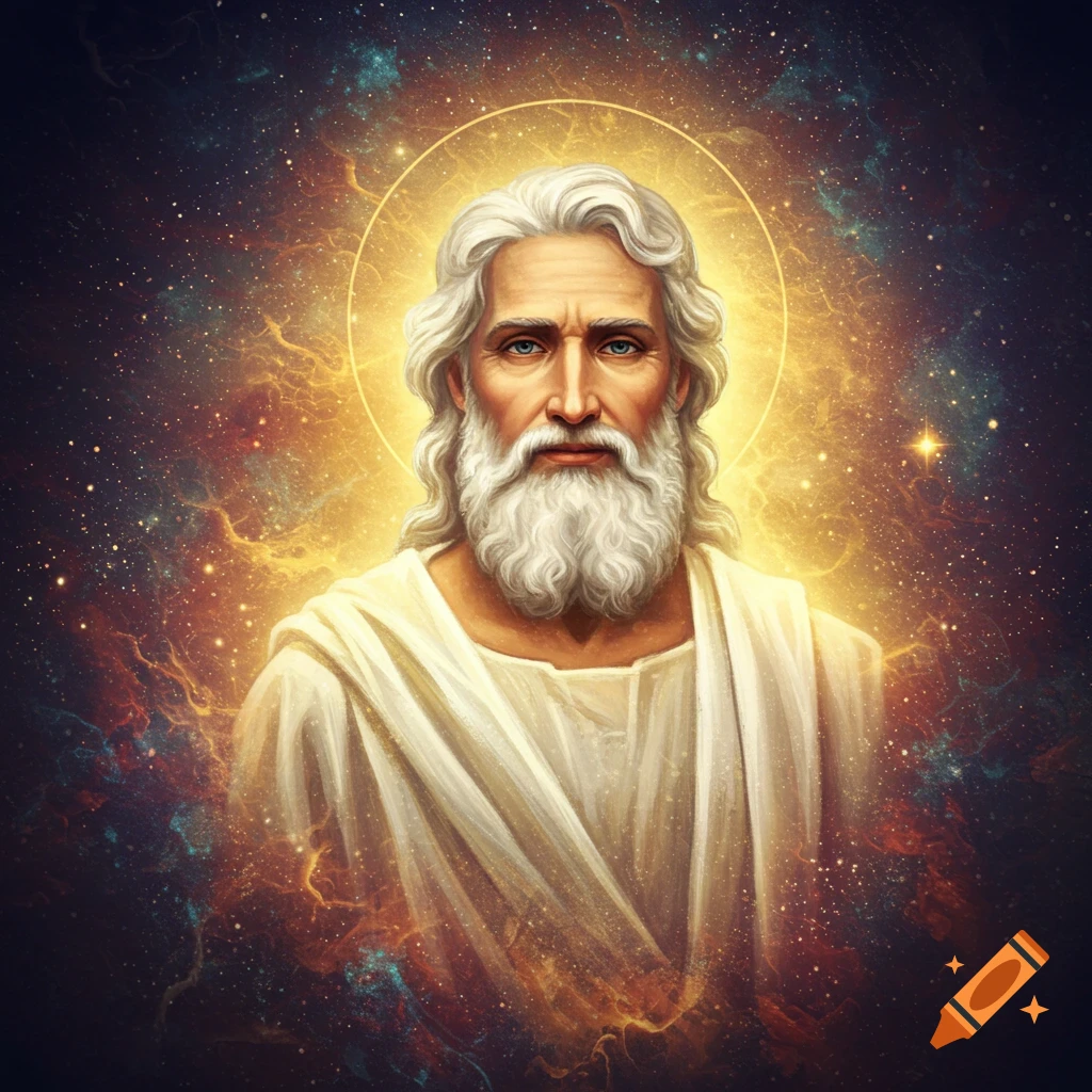 A man with white hair and beard, a halo, and a white robe against a cosmic background.