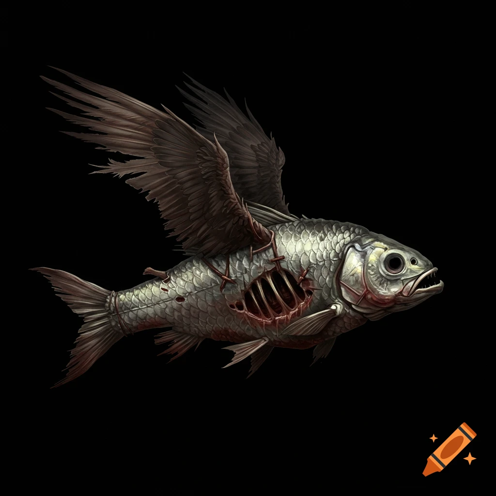 A reanimated dead fish with stitched gashes and bird wings flies on a black background.