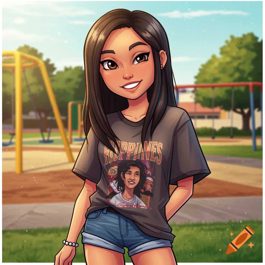 Cartoon illustration of a Filipina-American girl in a park wearing a graphic tee and shorts.