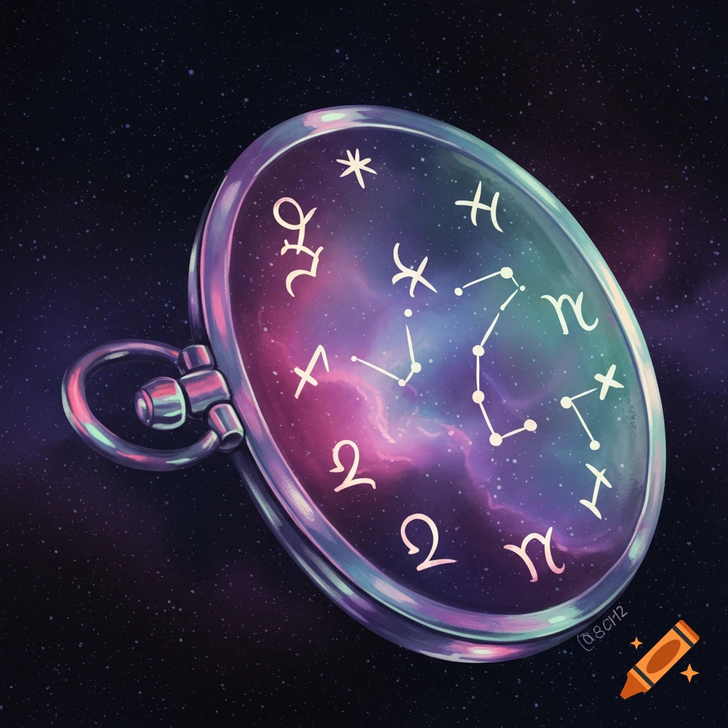 A pocket watch showing a colorful nebula and astrological symbols floating in space.
