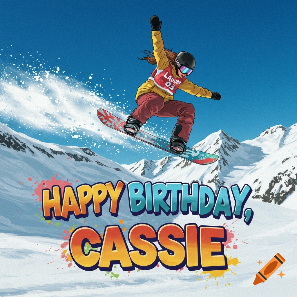 A snowboarder is shown performing a trick in the mountains, with the text 'Happy Birthday, Cassie' overlaid on the image.