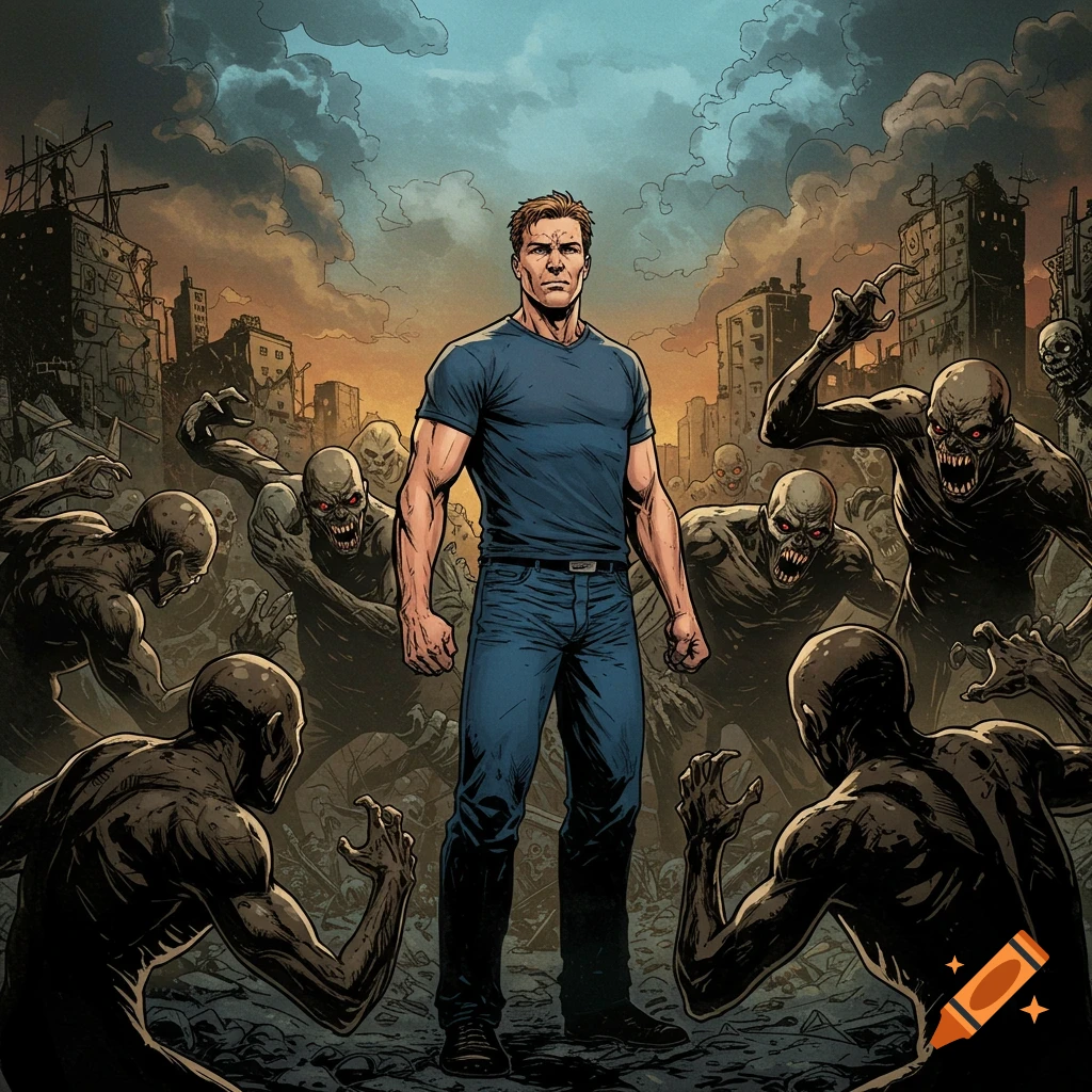 A man in a blue shirt faces a horde of zombies in a destroyed city, in a comic art style.