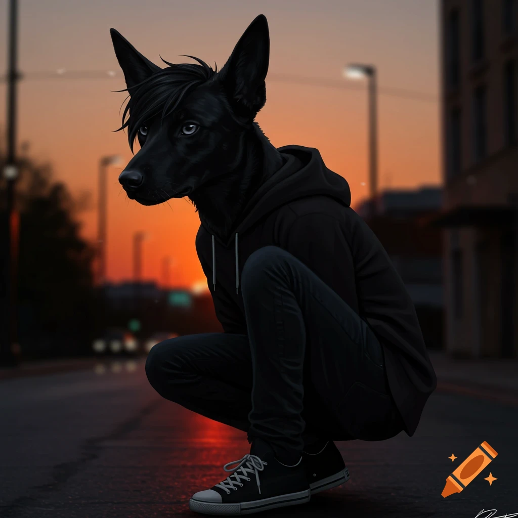 A black anthropomorphic dog in a black hoodie and sneakers crouches on an urban street at sunset.