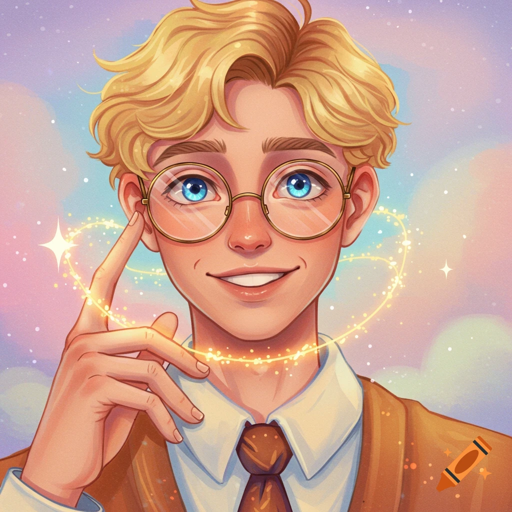 A blond young man in glasses with glowing magic particles around his head against a pastel sky.