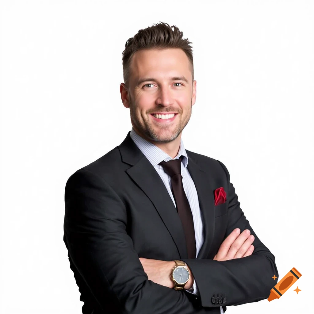 Man in suit and tie with arms crossed against white background.