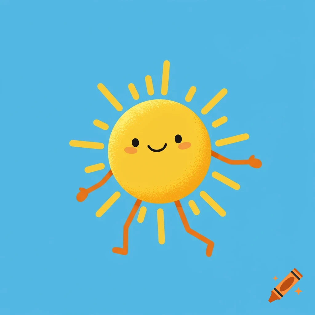 A cute cartoon sun with a smiling face and stick limbs, walking against a blue background.