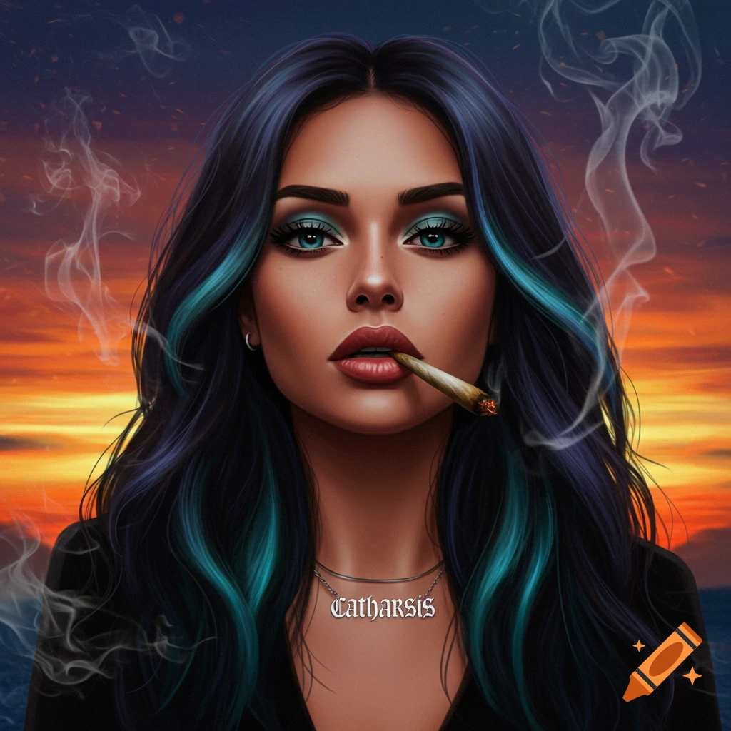 Woman with blue highlights in hair, smoking, wearing 'Catharsis' necklace, sunset background.