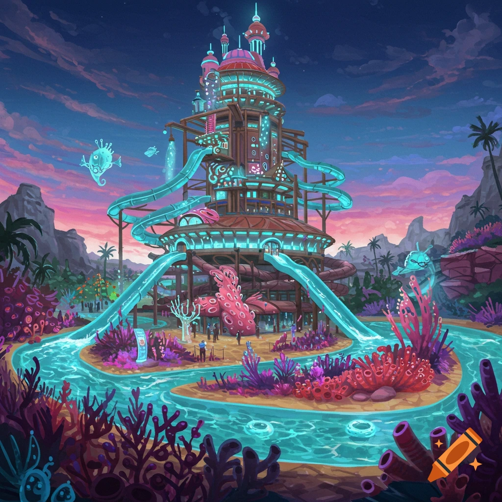 Concept art of a massive waterpark with elaborate slides, surrounded by colorful alien plants and rivers, under a vibrant twilight sky.