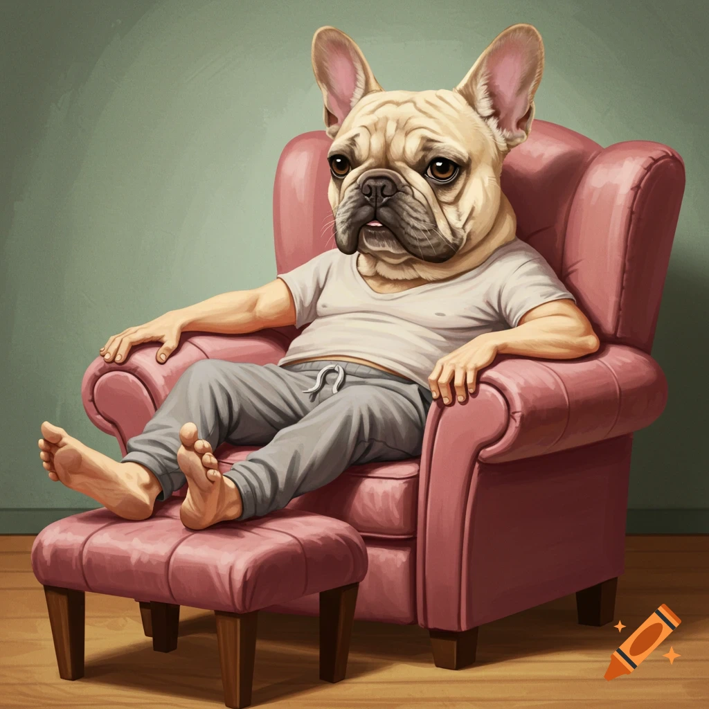 A French bulldog with a human body relaxing in a pink armchair.