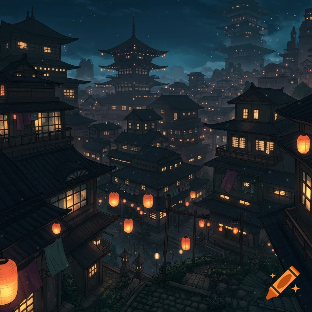 Anime illustration of a fantastical Japanese city at night with traditional buildings and glowing lanterns.