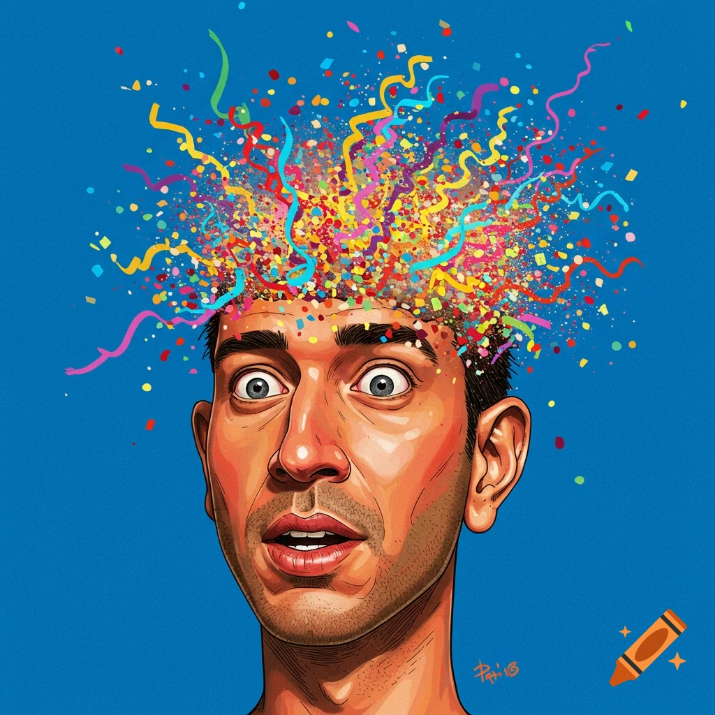 A man with confetti exploding from his head.