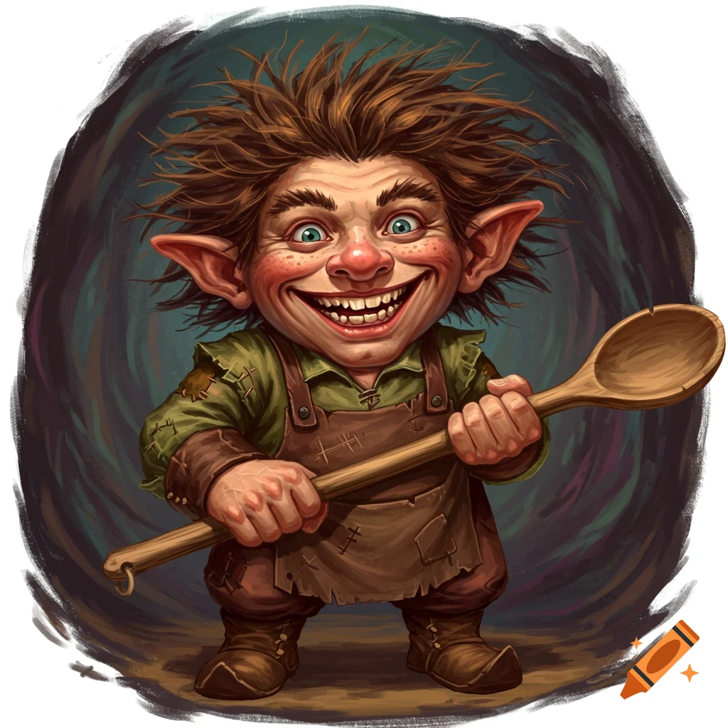 A cheerful, disheveled gnome holding a large wooden spoon.