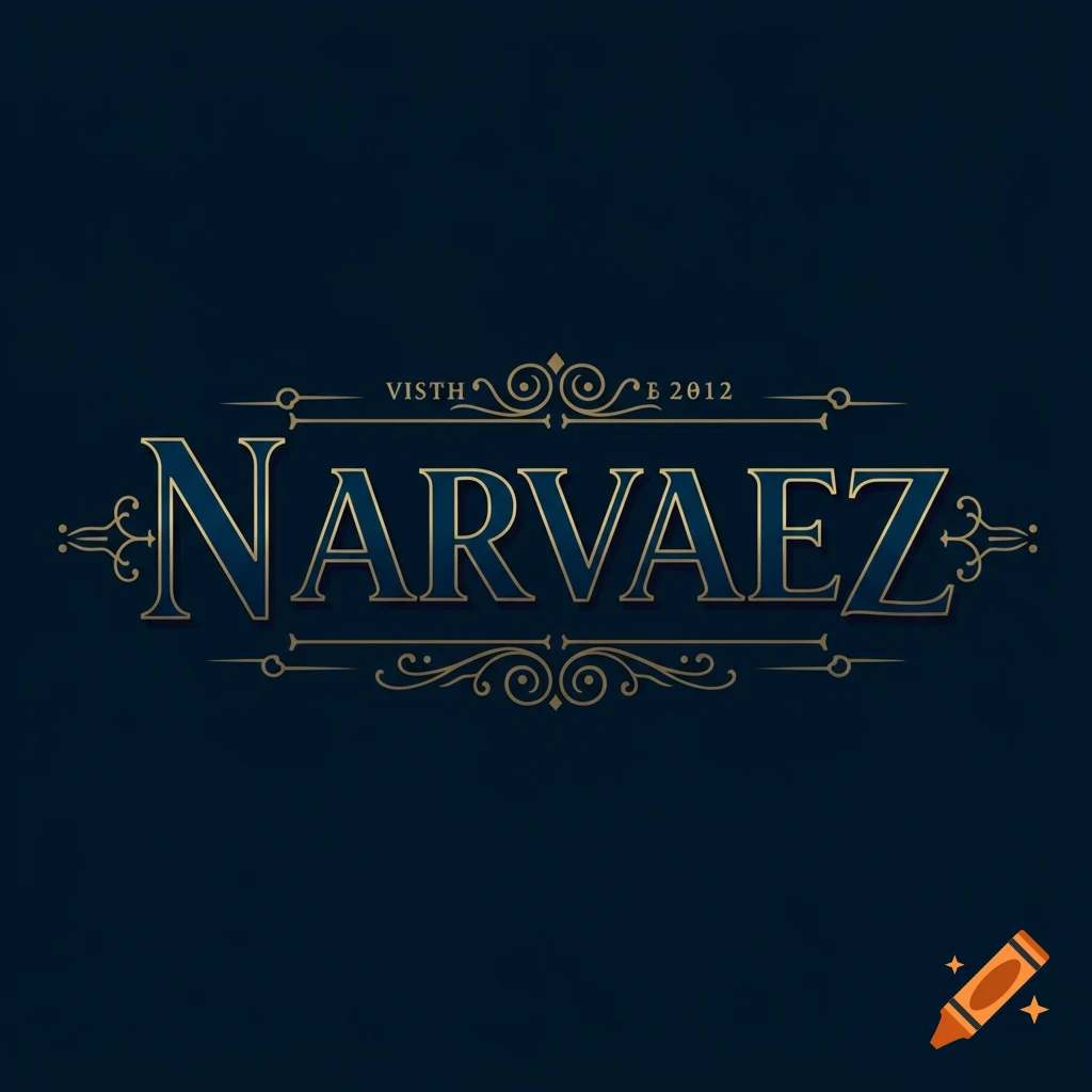 Gold and blue stylized 'Narvaez' logo with decorative flourishes on a dark blue background.