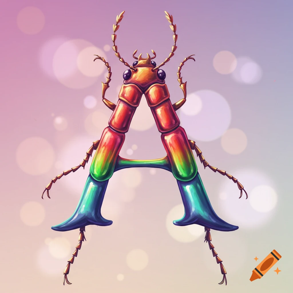 The letter A is shaped like a colorful insect.