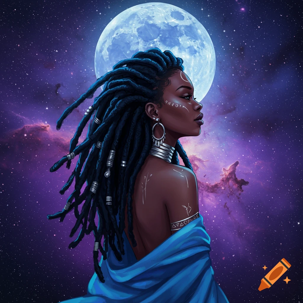 Painting of a woman with dreadlocks and markings against a blue moon and galaxy.