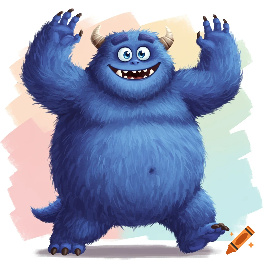 A big, blue furry monster with horns stands with arms raised and smiles.