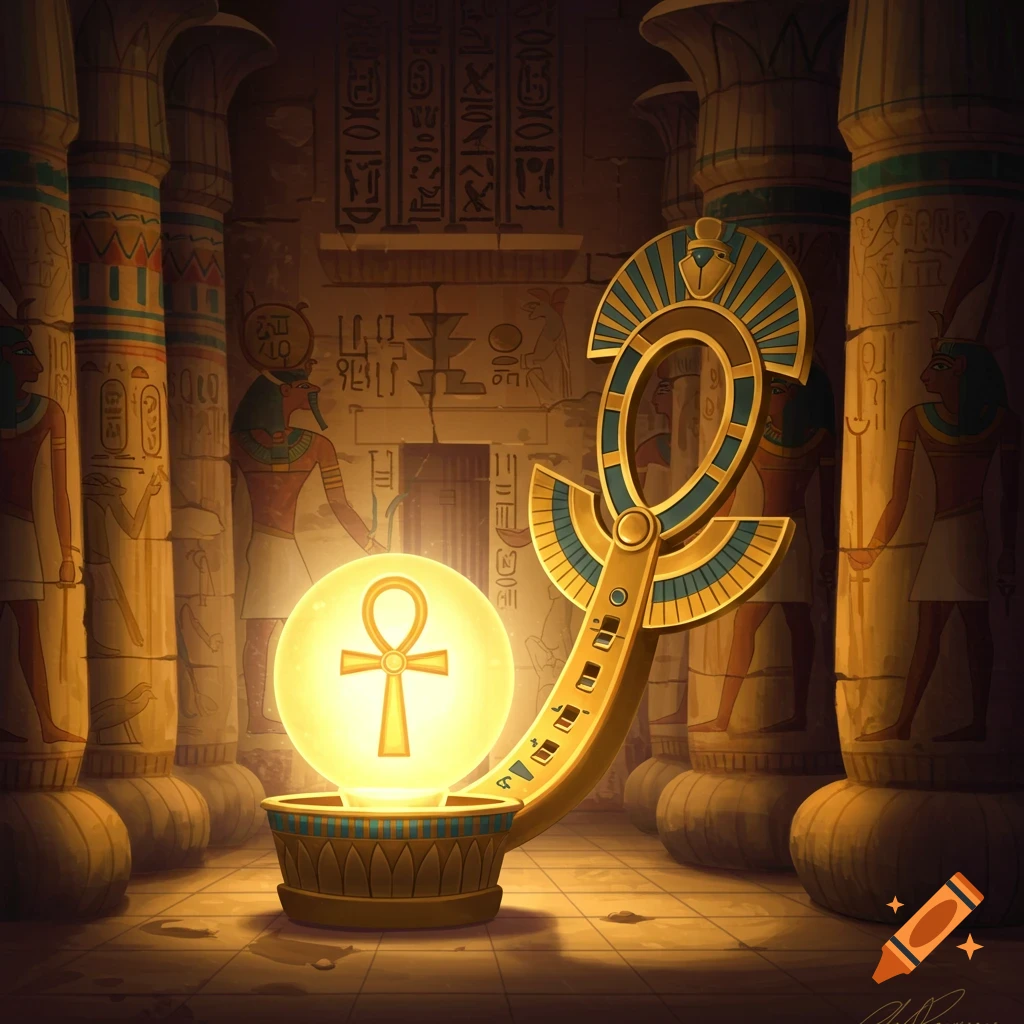 A glowing ankh symbol floats above a pedestal in an ancient Egyptian temple, stylized.