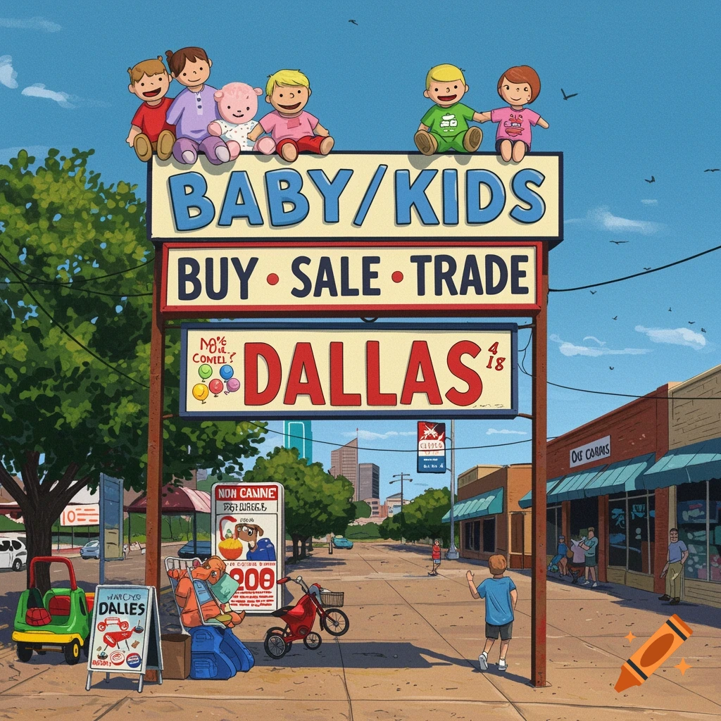 Cartoon of a street scene with a large sign reading 'BABY/KIDS BUY SALE TRADE DALLAS'.
