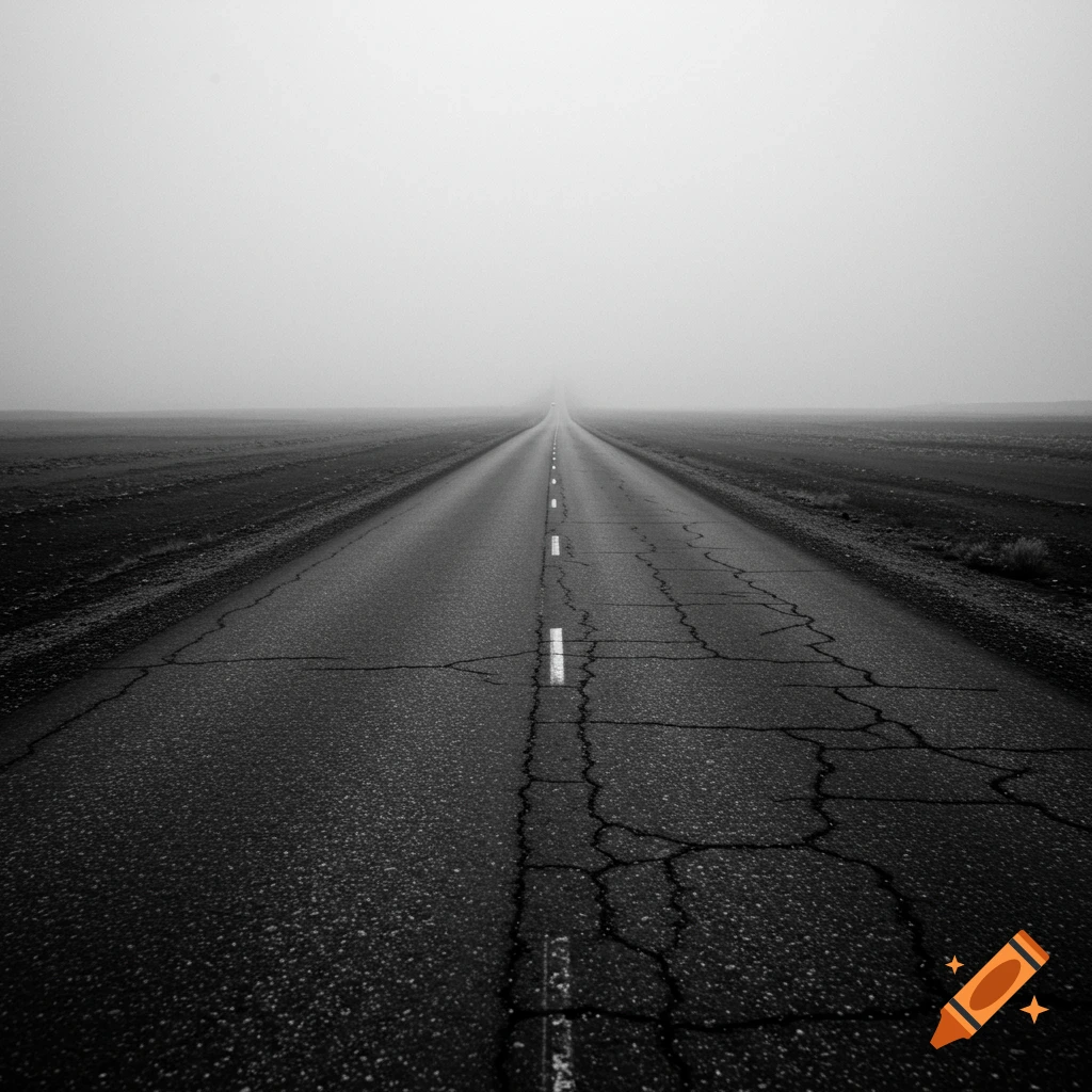 Black and white photo of a long, cracked road stretching into a foggy distance