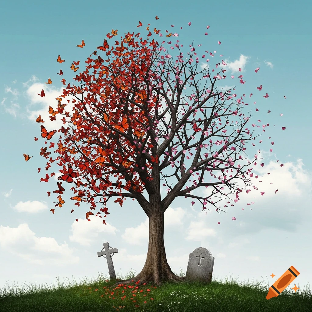 A tree is split between butterflies and falling petals, with gravestones at the base.