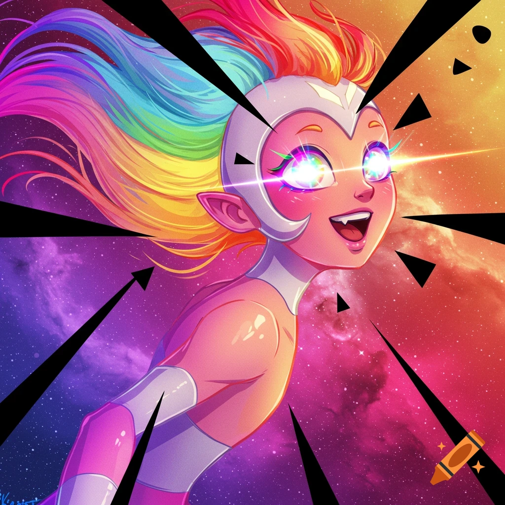 Anime-style portrait of a character with rainbow hair and glowing eyes in space