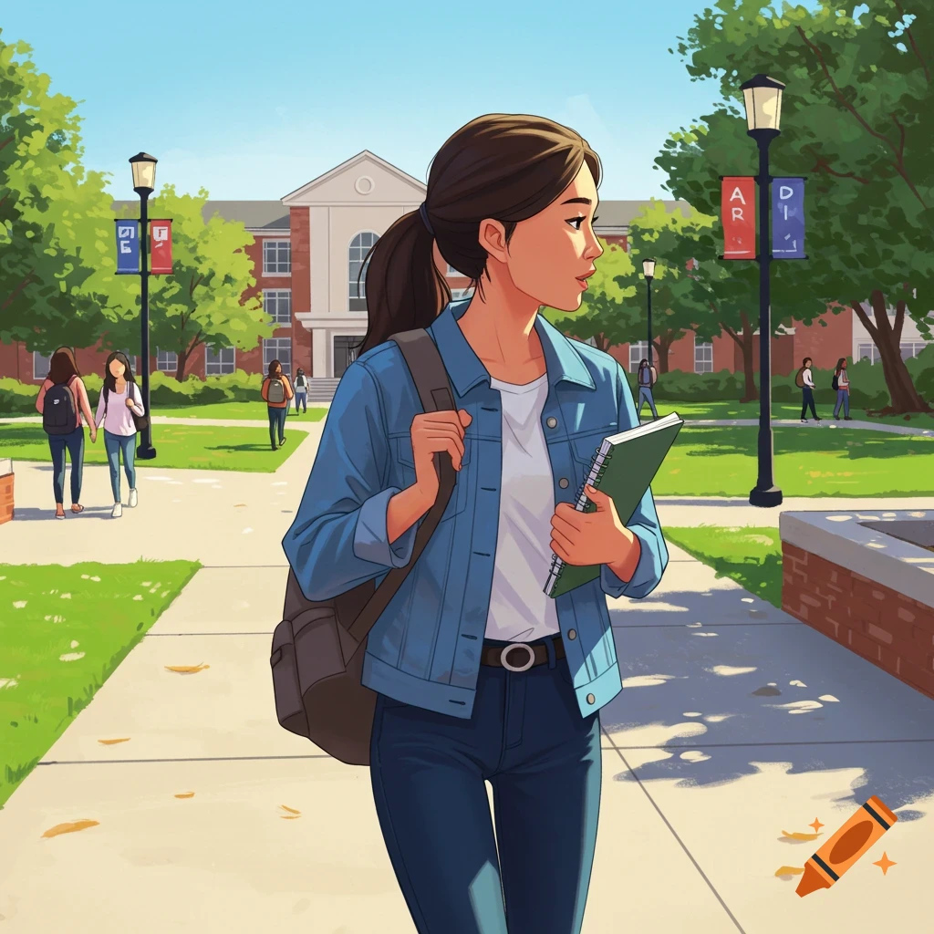 A college student with a backpack and notebook walks on a campus sidewalk.