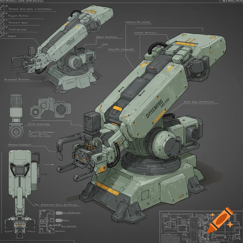 Technical illustration of a robotic arm blueprint with labels and diagrams.