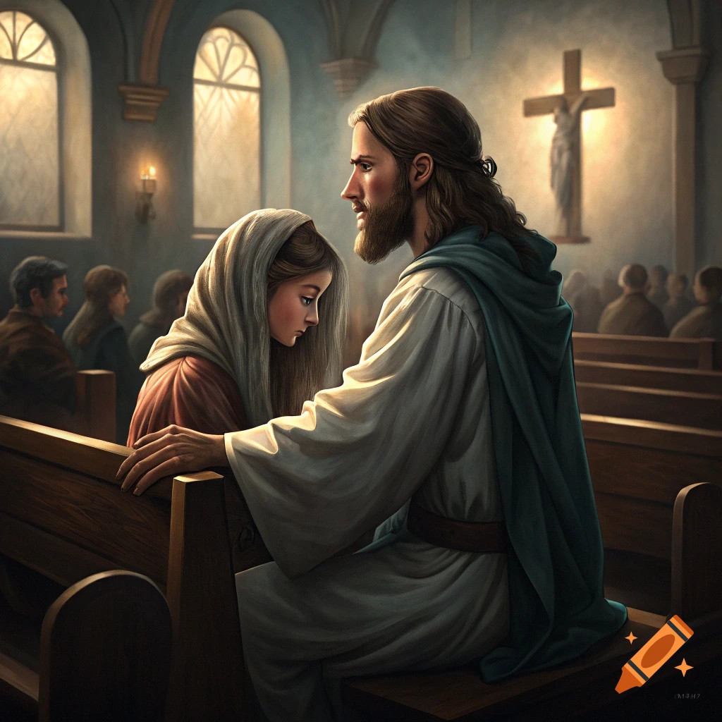 Jesus sits next to a woman in a church pew, placing a hand on her shoulder.