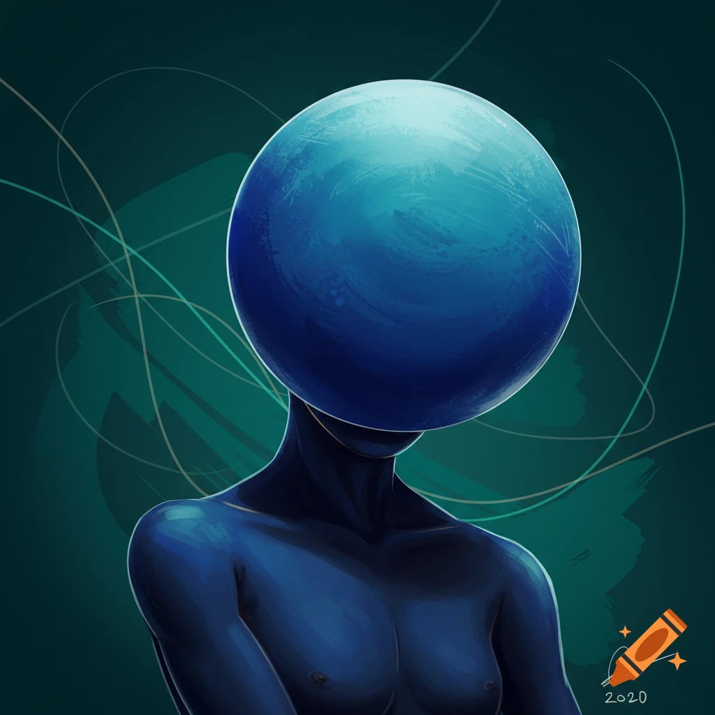 A figure with a bare torso and a large blue sphere for a head is against a dark teal background with abstract lines.