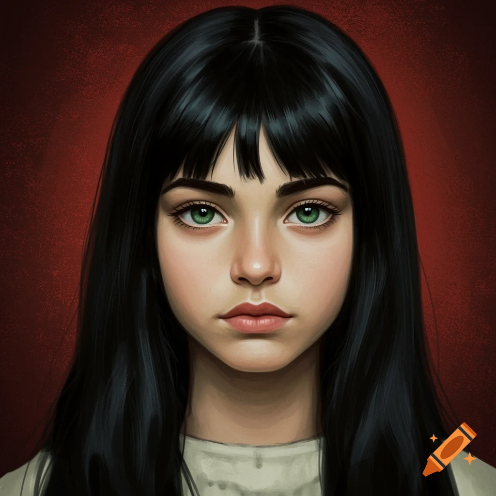 A portrait of a young girl with long dark hair and green eyes.