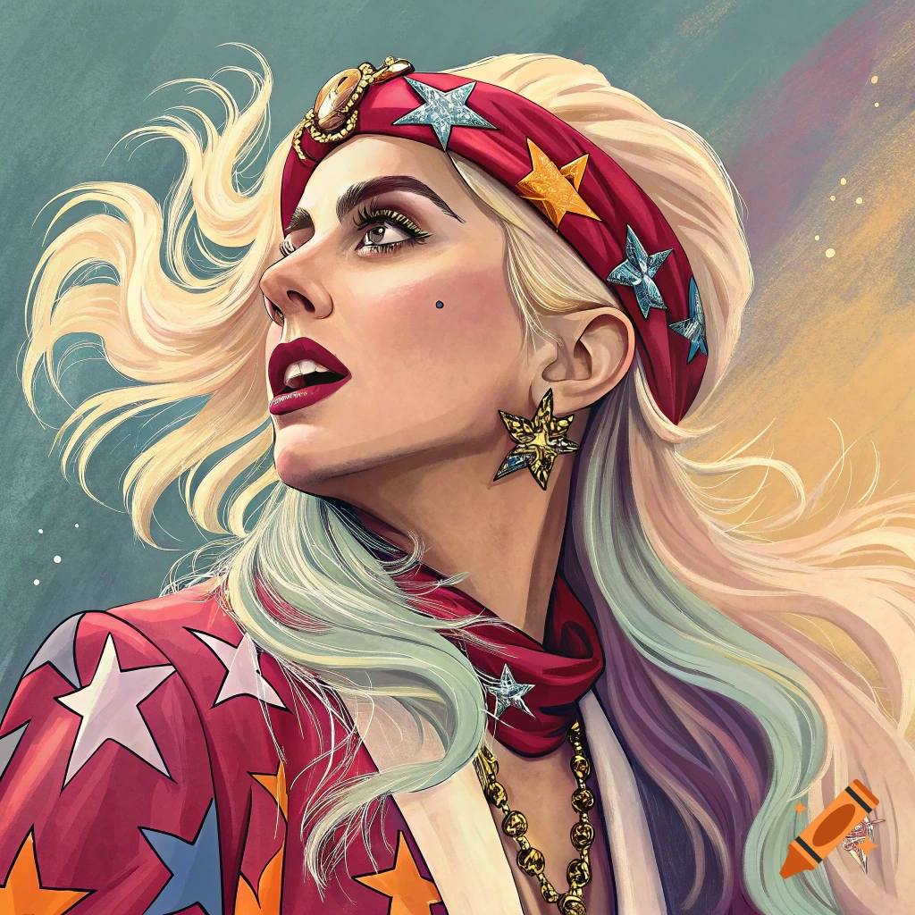 Illustrative portrait of a woman resembling Lady Gaga in a red jacket with stars and a matching headband, looking upwards.