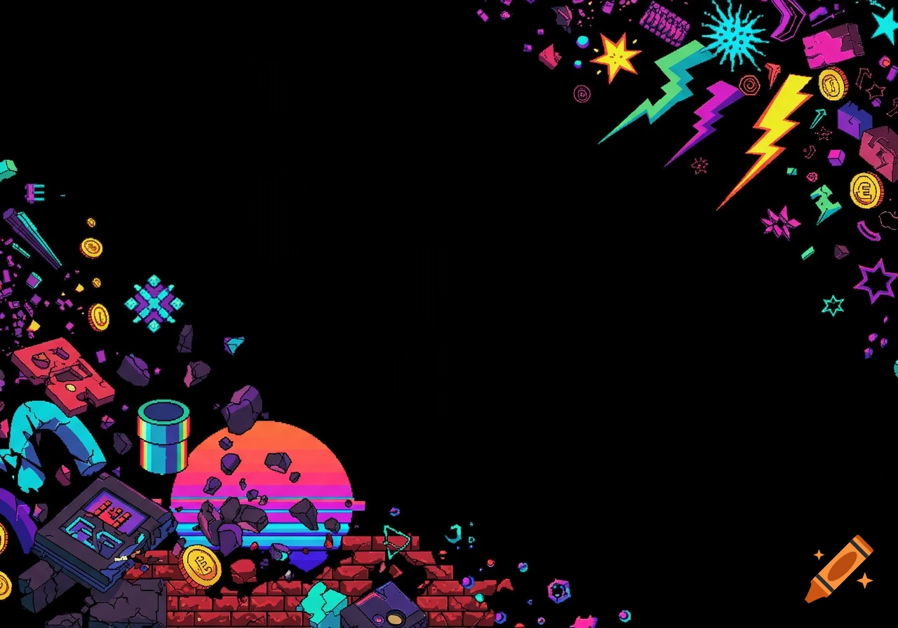 Pixel art border with retro game elements and neon glitch shapes on a black background.