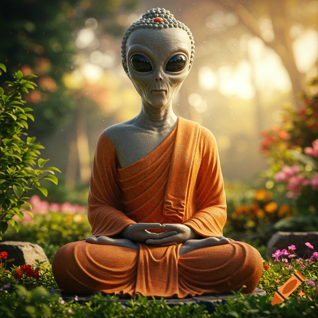 A hyperrealistic image of a meditating Buddha statue with an alien head, seated in a peaceful garden.