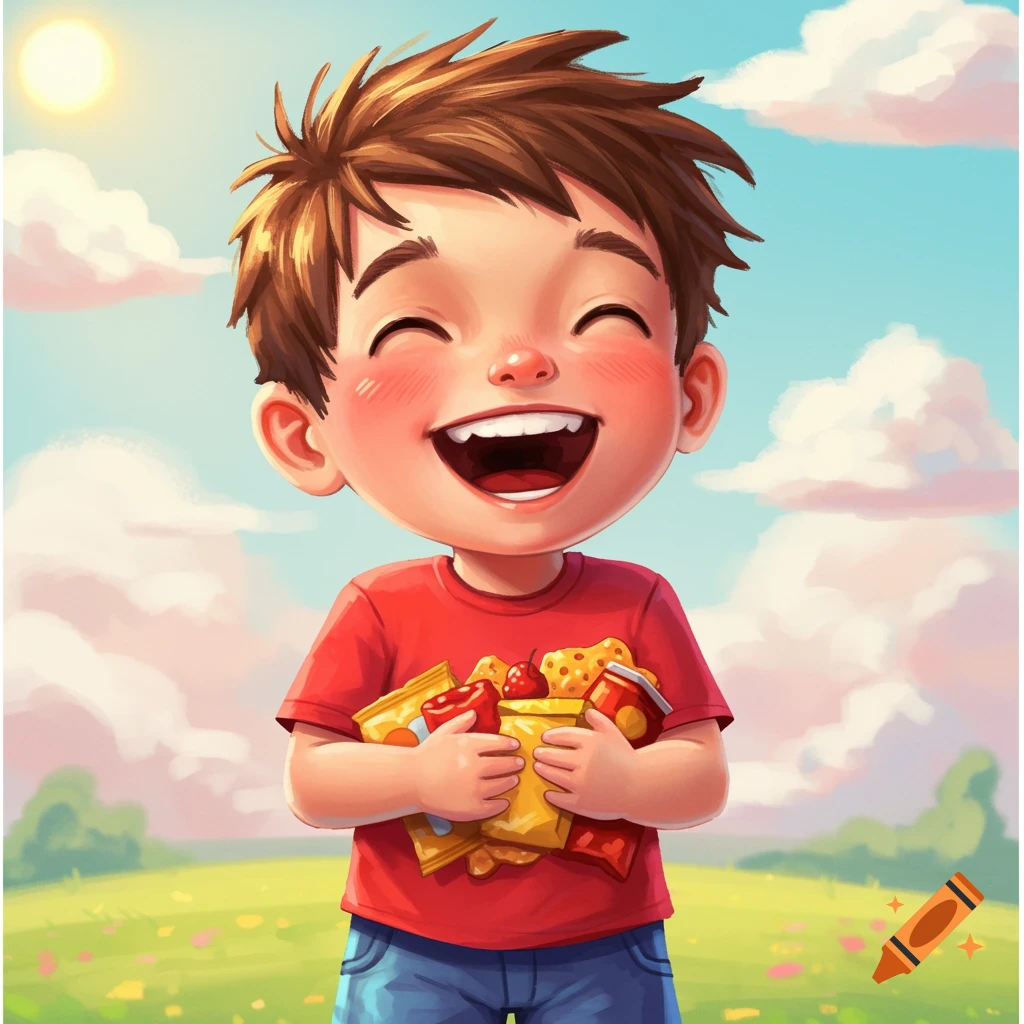 A cartoon boy with a big smile holds a pile of colorful snacks in a sunny field.