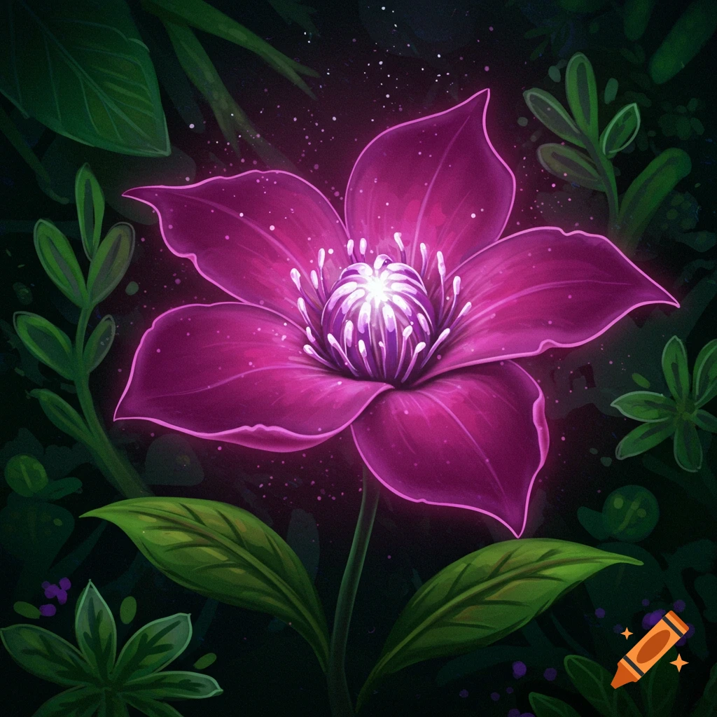 A glowing purple flower surrounded by dark leaves and light specks.