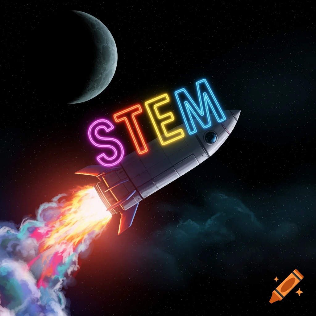 Stylized image of a rocket in space with neon 'STEM' letters, heading towards the moon.