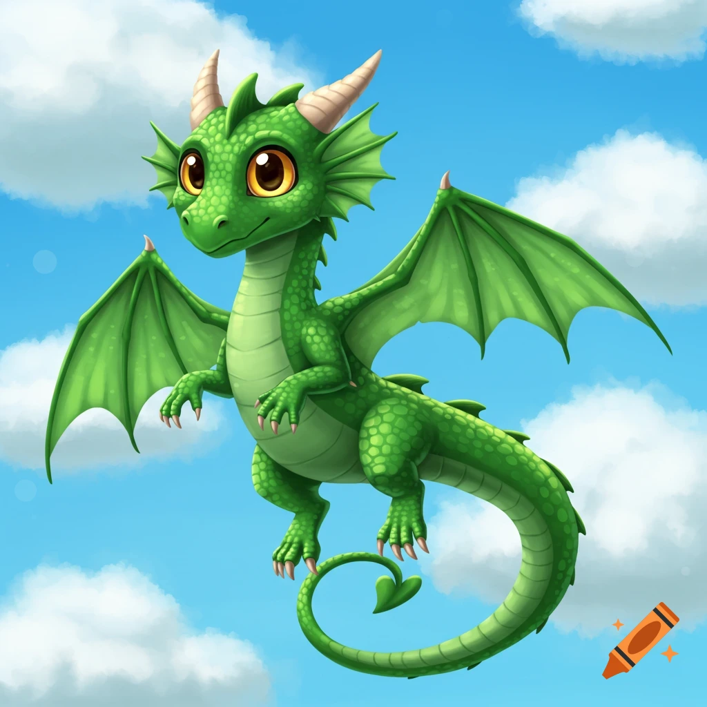 A cute green cartoon dragon flies through a blue sky with clouds.