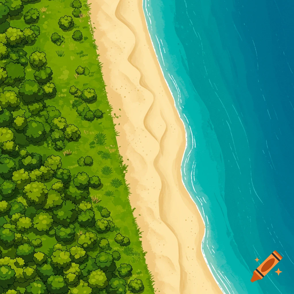 Overhead illustrated view of a forest meeting a sandy beach and blue ocean.