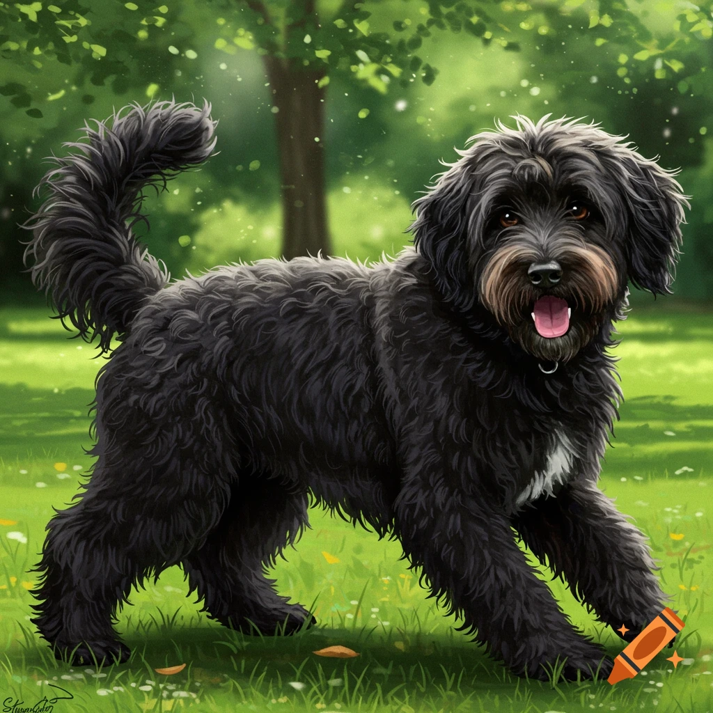 A black Labradoodle with shaggy fur is running in a park.