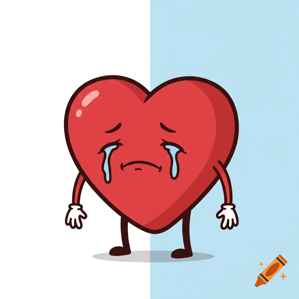 A cartoon red heart character crying.