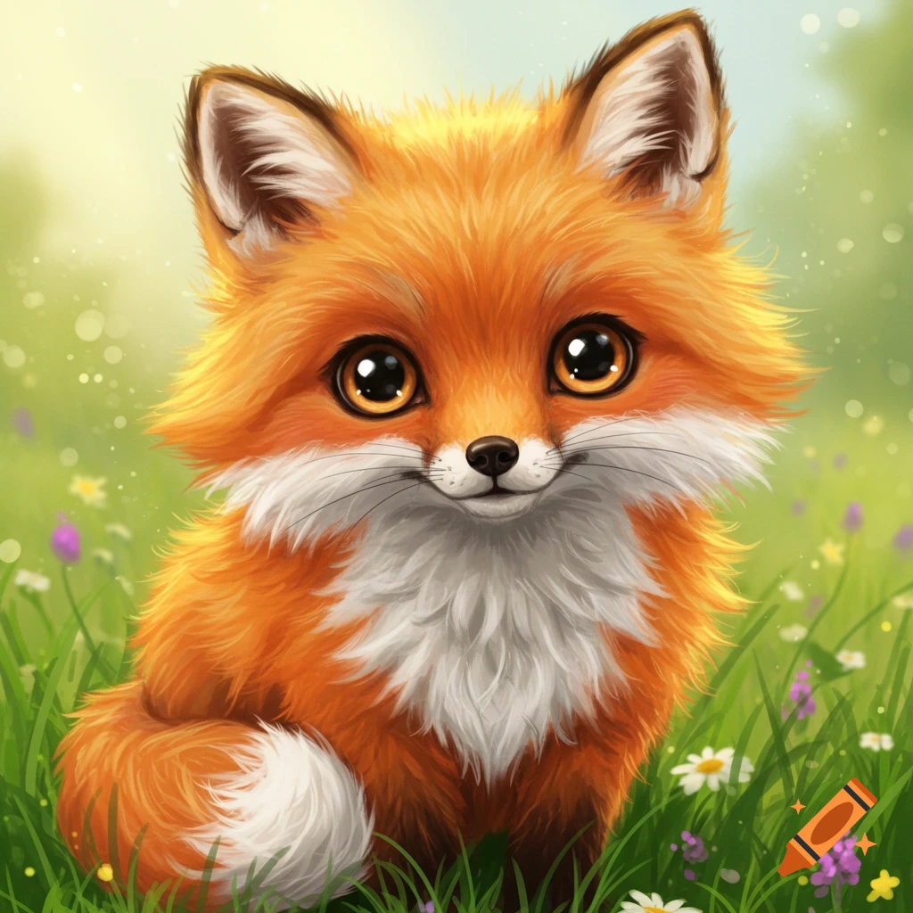 A cute cartoon fox sits in a field of flowers.
