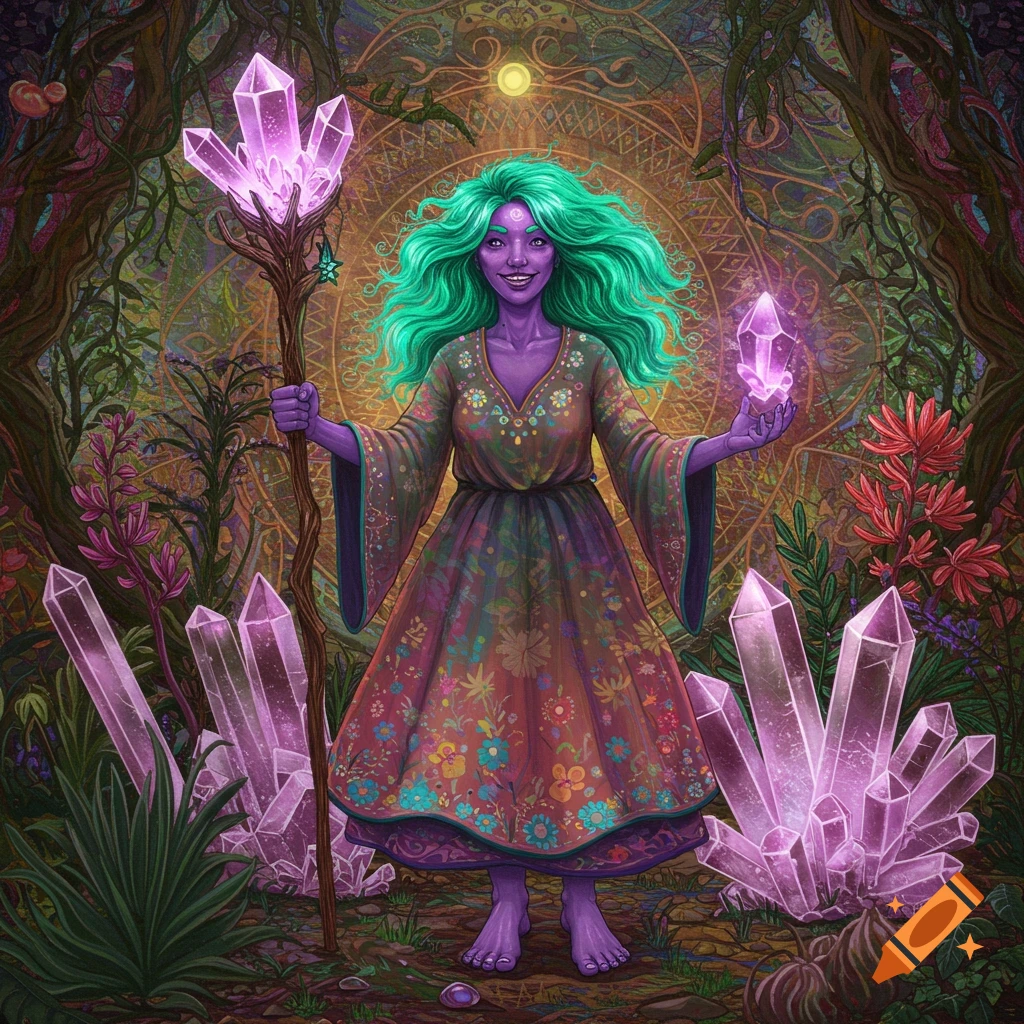 Fantasy illustration of a purple witch with green hair holding crystals in a forest.