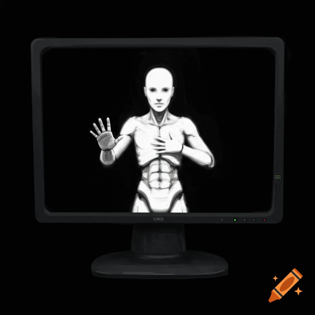 Stylized white figure on a black screen within a computer monitor.