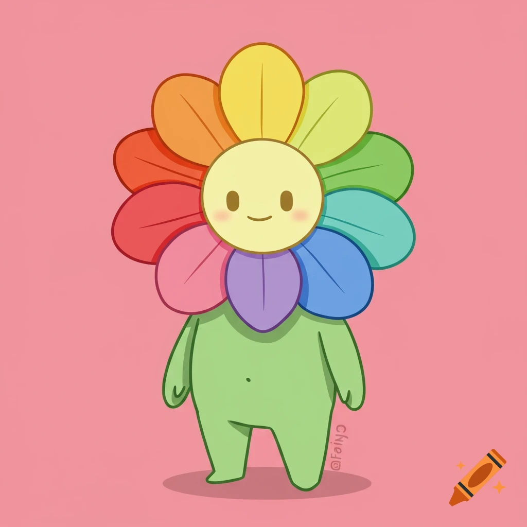 Cute cartoon character with a green body and a head made of rainbow flower petals.