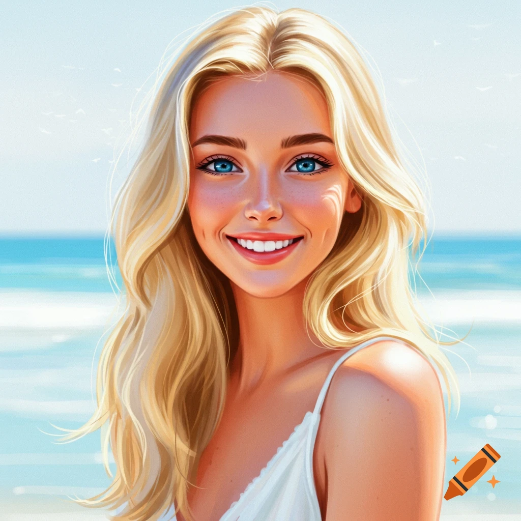 Smiling blonde woman with blue eyes at the beach.