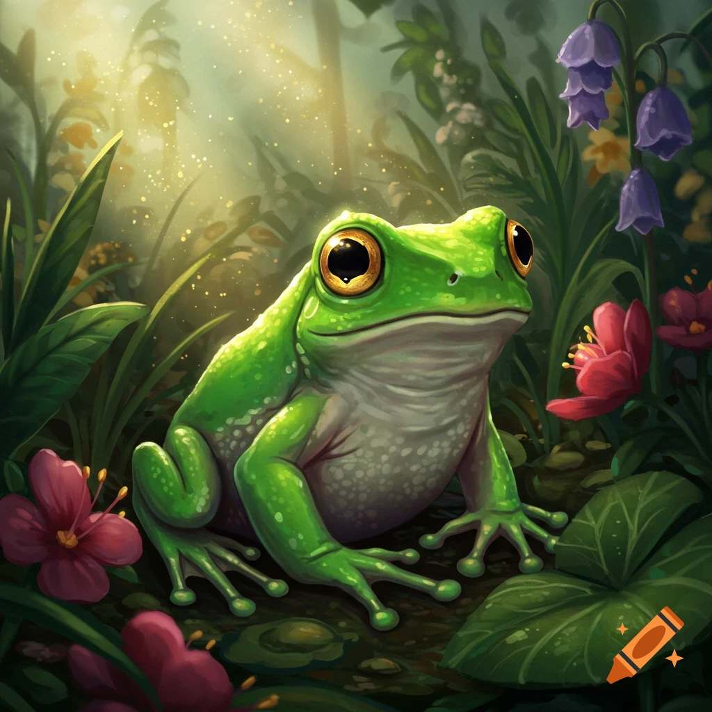 A green frog sitting among plants and flowers in a sunlit forest.