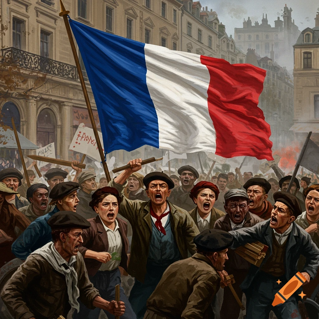 An angry crowd holding a large French flag in a street.