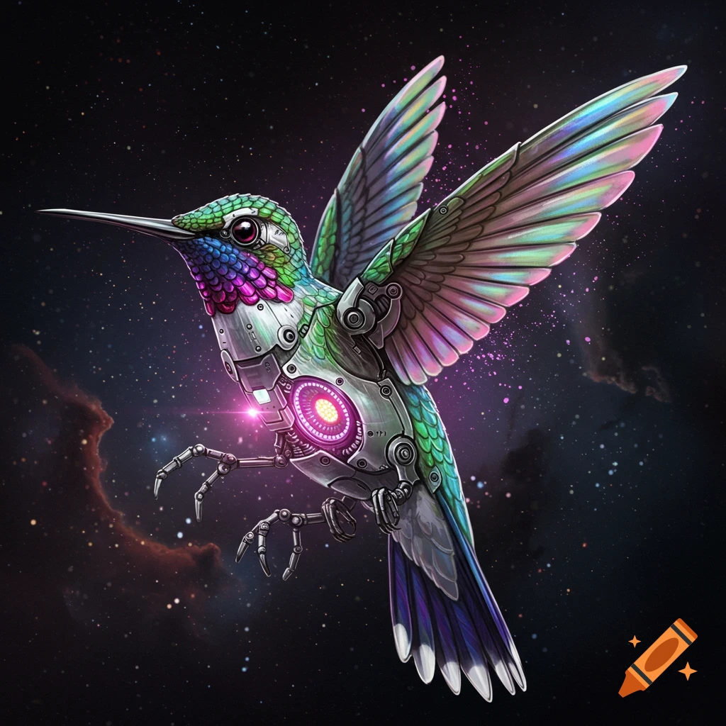 A vibrant cybernetic hummingbird flies through space.